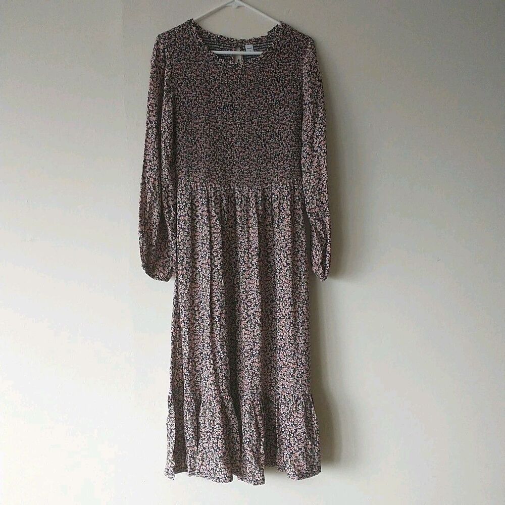 Old Navy Maxi Dress M Ditsy Floral Tiered Puff Sleeve Smoked Prairie Cottagecore